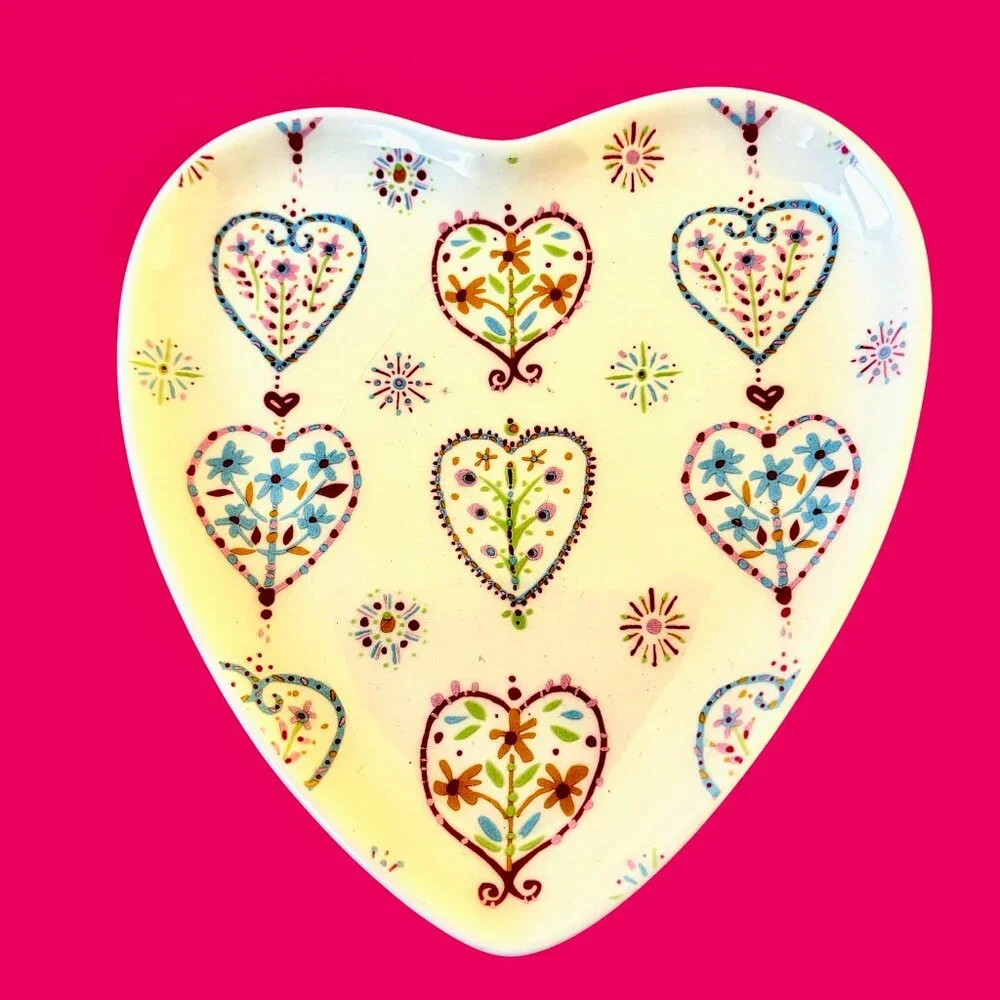 Department 56 Ceramic Trinket Dish Plate Heart Flowers Set of 3